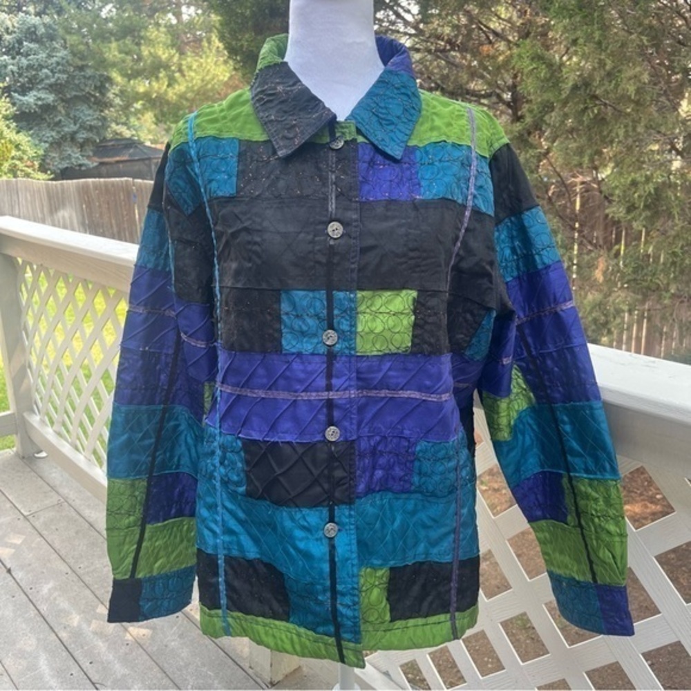 Patchwork Blue‎ Green Frayed Jacket 1X Boho Art to Wear Gypsy Unique Color Block